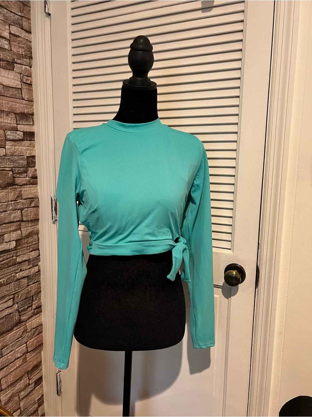 Endless Waves Top Long-Sleeve Tie-Side Crop Top in Teal, Sz lrg